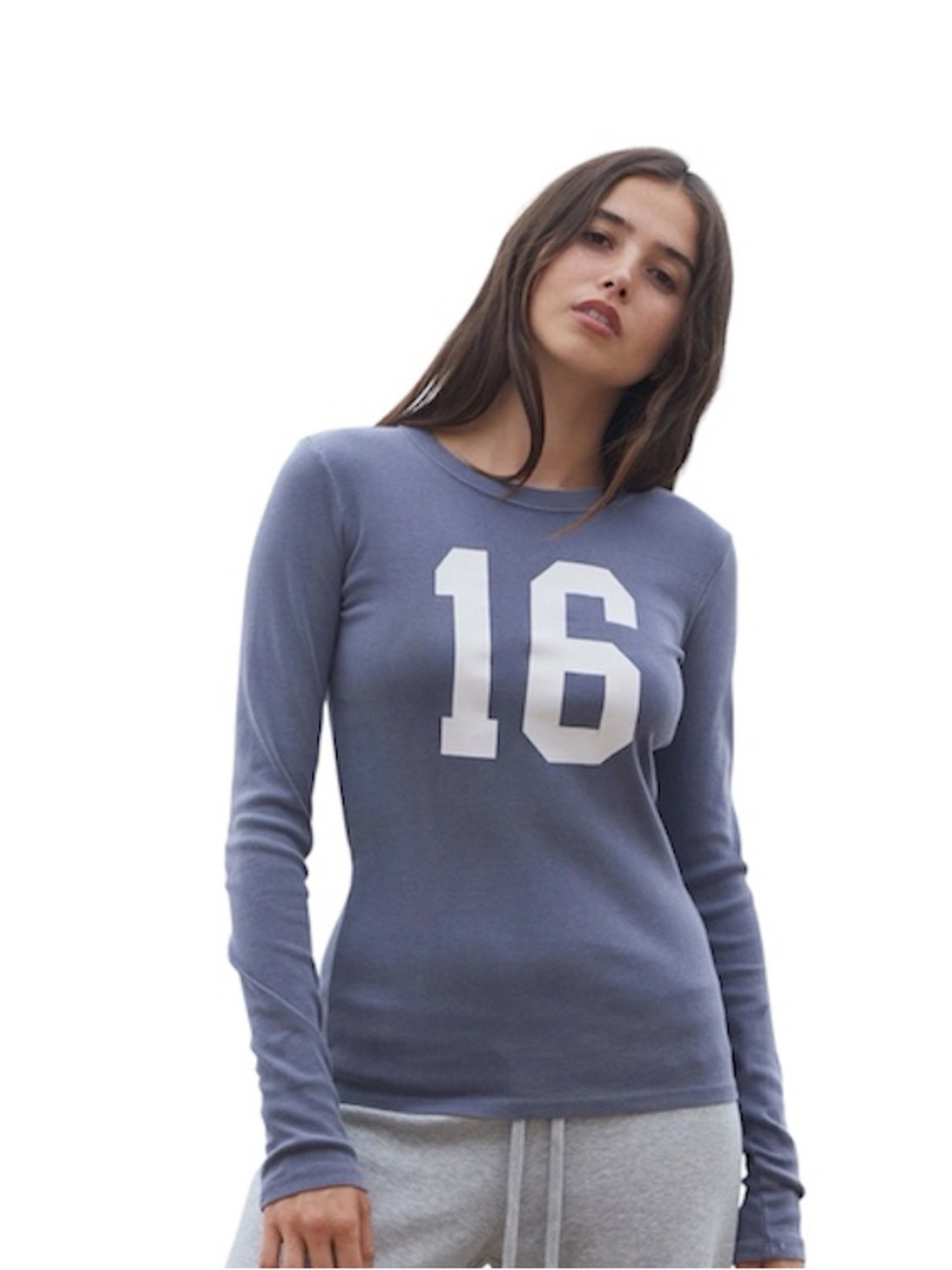 Brandy Melville Long-Sleeve 16 Graphic Tee - Slate Blue